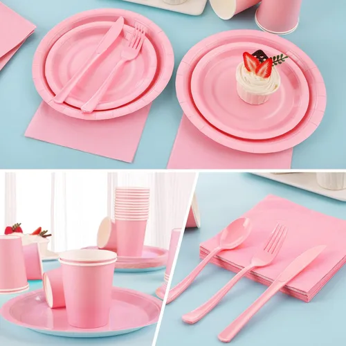 Miniatura 4 de 168 Piezas Platos y Servilletas de Papel Rosa Claro, Juego de Platos Desechables Rosa con Utensilios Sirve 24 Invitados para Baby Shower Graduación