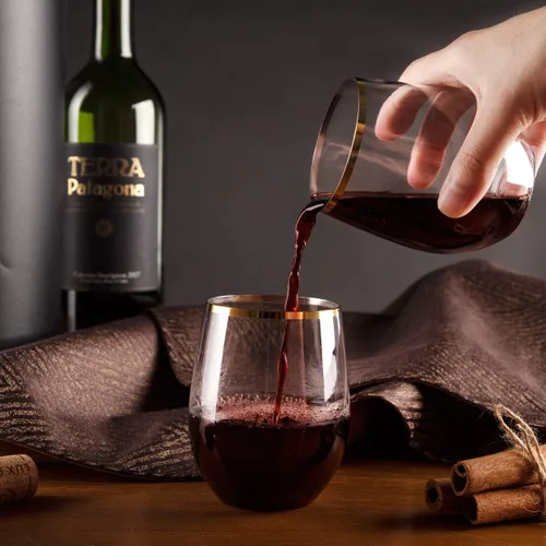 Miniatura 5 de SUT Paquete de 32 copas de vino de plástico con borde dorado de 12 onzas, sin tallo, desechables con calidad premium, reutilizables, irrompibles