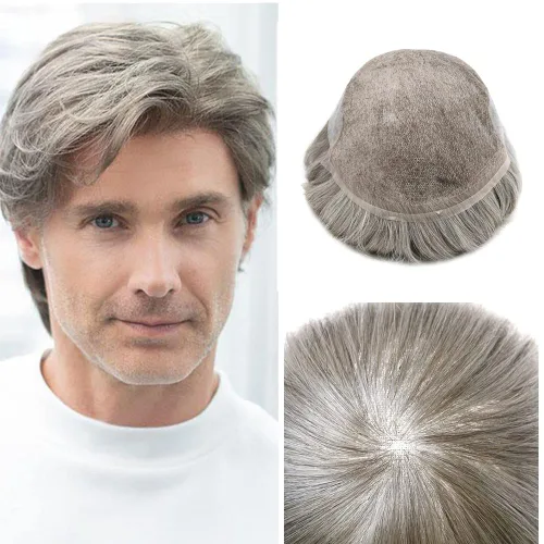 Miniatura 25 de Tupé de encaje suizo para hombres, piezas de cabello humano real, encaje frontal, sistema de reemplazo de cabello tipo tupé, nudo blanqueado, línea