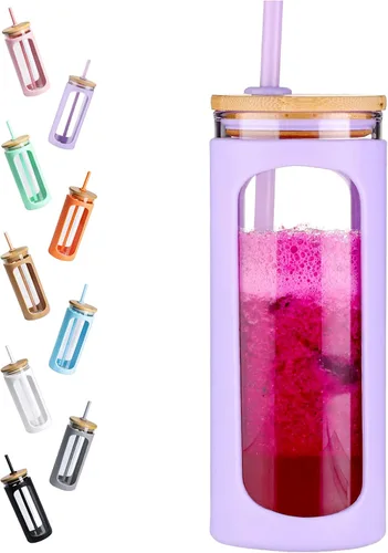 Miniatura 46 de Kodrine Vaso para agua de vidrio de 20 onzas con popote y tapa, botella de agua con tapas de bambú, taza para café helado, reutilizable, boca ancha