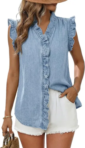 Dokotoo Chaleco de mezclilla para mujer, casual, de verano, con botones, peplum, cuello en V, sin mangas, camisa de mezclilla