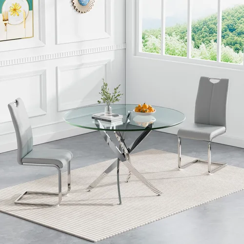Miniatura 10 de Juego de mesa redonda de comedor para 2, juego de mesa de comedor de 3 piezas con mesa de comedor de vidrio plateado de 36 pulgadas y 2 sillas
