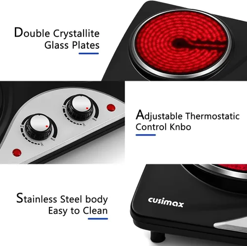 Miniatura 3 de Placa caliente, estufa eléctrica CUSIMAX de 1800 W, doble quemador, placa de cocina infrarroja de cerámica portátil, quemadores de control dual
