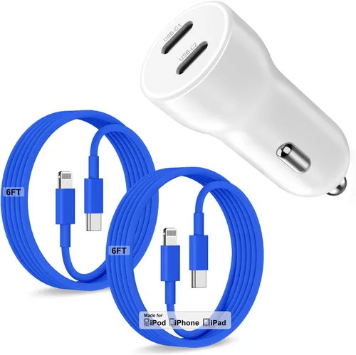 Miniatura 17 de Cargador de coche para iPhone 17 16 15 de carga rápida, cargador de coche USB C de doble puerto de 40 W con 2 cables USB C de 3 pies, adaptador