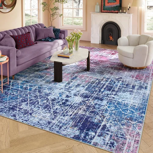 Zealude - Alfombras abstractas boho azul rosa para dormitorio de niñas y niños, alfombra lavable de 8 x 10 pies para sala de estar y comedor,