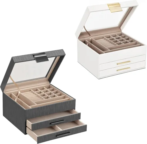 SONGMICS Cajas de joyería con tapa de cristal organizadores de joyería de 3 capas regalos para seres queridos cada uno con 2 cajones blanco y gris