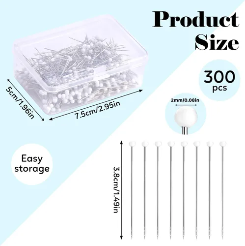 Miniatura 2 de Alfileres de costura, 300 alfileres rectos para tela, alfileres de encaje de cabeza de bola perlada blanca larga de 1.5 pulgadas con caja de Blanco