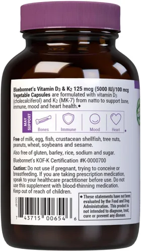 Miniatura 7 de Bluebonnet Nutrition Vitamina D3 y K2, sin soja, para huesos fuertes y saludables*, sin gluten, sin OMG, sin lácteos, certificado Kosher