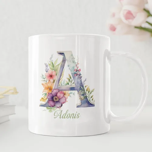 Miniatura 4 de Taza de café personalizada de la letra A del alfabeto, Taza de café blanca con nombre personalizado único, Taza inicial de monograma floral