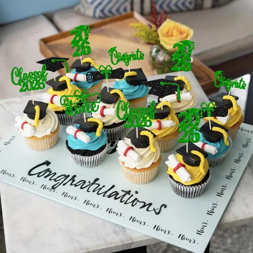 Miniatura 7 de Paquete de 24 adornos para cupcakes de clase 2026 con purpurina 2026 Felicidades Graduación Diploma Done Cupcake Picks 2026 Graduación Temática