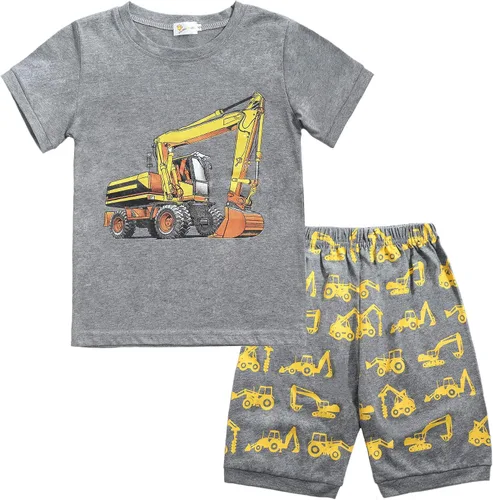 Miniatura 2 de Little Hand Pijamas de dinosaurio para niños pequeños, pijamas de verano con diseño de camión y excavadora, conjuntos cortos de 2 a 7 años