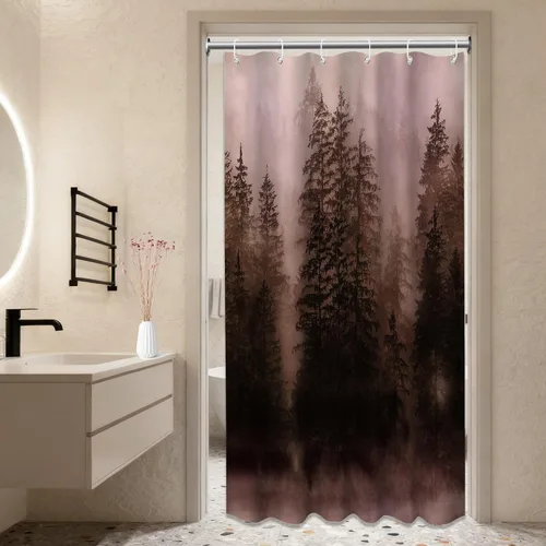 Miniatura 23 de Cortina de ducha estrecha para hombre, diseño de bosque negro y gris, para casa rodante, juego de decoración de baño, tela impermeable con ganchos