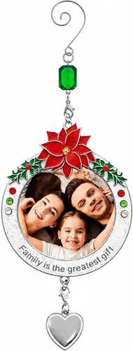 Adorno de Navidad personalizado con tu foto familiar – La familia es el mejor regalo, adorno navideño con detalles de flor de pascua y acebo –