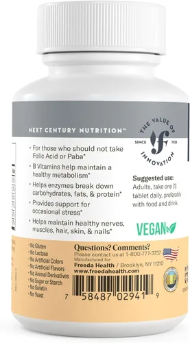 Miniatura 7 de Freeda Complejo de vitamina B, sin fólico, sin PABA, suplemento vitamínico kosher complejo súper B con vitamina B1, vitamina B2, vitamina B3