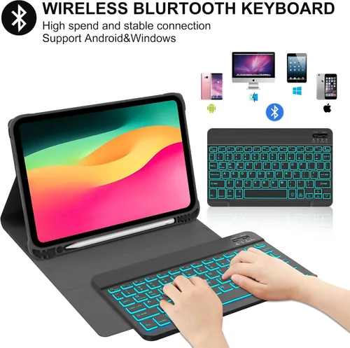 Miniatura 3 de KVAGO Funda para iPad (A16) de 11ª y 10ª generación con teclado, teclado desmontable inalámbrico retroiluminado de 7 colores, funda de teclado folio