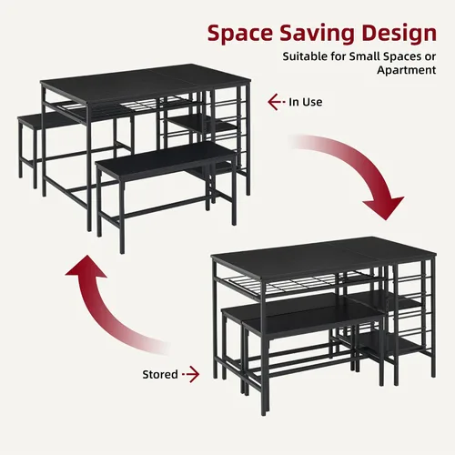 Miniatura 6 de IDEALHOUSE Juego de mesa de comedor para 4, juego de mesa de cocina para 4 con 2 bancos, juego de mesa de comedor rectangular con estante para Negro