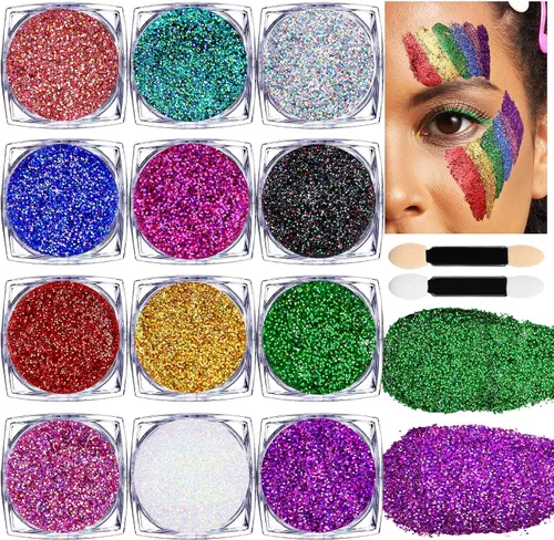 Teenitor Gel de Purpurina para Cara y Cuerpo, Gel de Purpurina para Maquillaje y Festival, 12 Colores de Gel de Purpurina para Cara y Cuerpo, Gel de