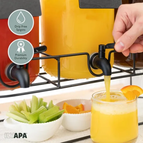 Miniatura 5 de Ilyapa Dispensador de bebidas de vidrio para fiestas - paquete de 3, dispensador triple de bebidas múltiples de 1 galón con soporte, tapas de madera