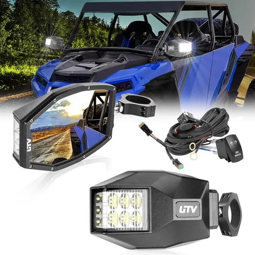 Espejos Laterales UTV con Luces LED, Espejo Retrovisor Iluminado que se Ajusta a Jaula de Barra Antivuelco de 1.5"-2", Espejos Laterales RZR con