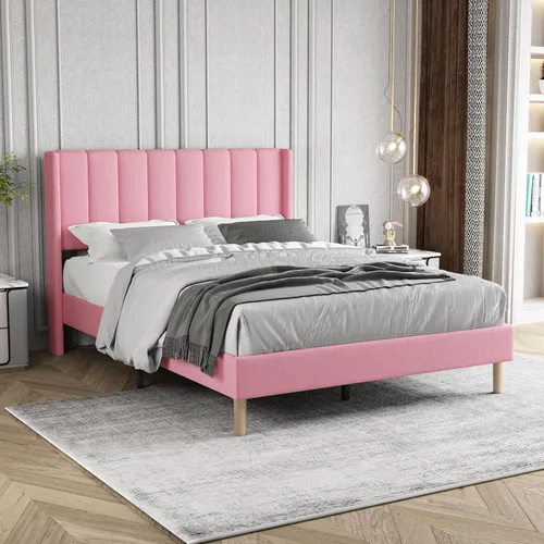 Miniatura 22 de Marco de Cama Tapizada de Plataforma Tamaño Full con Cabecero, Soporte de Listones de Madera Resistentes, No Necesita Somier, Montaje Fácil, Beige