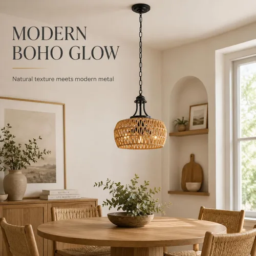 Miniatura 5 de Lámpara de araña bohemia de granja de 12.6 pulgadas para comedor, lámpara de ratán de 3 luces con pantalla tejida, iluminación colgante costera