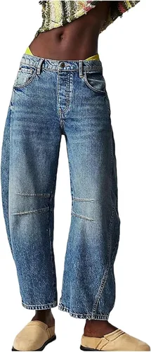 Miniatura 5 de Jeans de tiro medio para mujer, pierna ancha, cintura media, holgados, Y2K, estilo boyfriend, pantalones de mezclilla estilo harén, pantalones