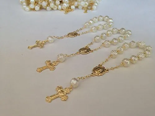 25 piezas de color marfil bautizo favores chapados en oro, mini rosarios chapados en oro, cuentas acrílicas chapadas en oro, recuerdos de