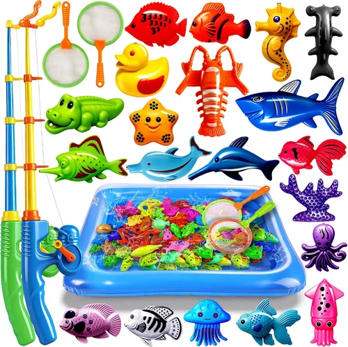 CozyBomB™ Juego de juguetes de pesca magnética para niños | Mesa de agua, bañera, piscina infantil, fiesta, caña con red, peces de plástico