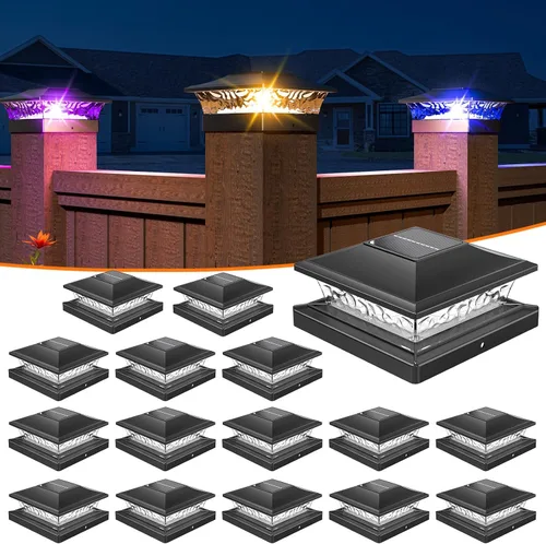 Miniatura 13 de APONUO - Luces solares para punta de poste con 8 colores RGB sólidos y flujo multicolor - Paquete de 4 luces solares para postes de 6x6, IP65