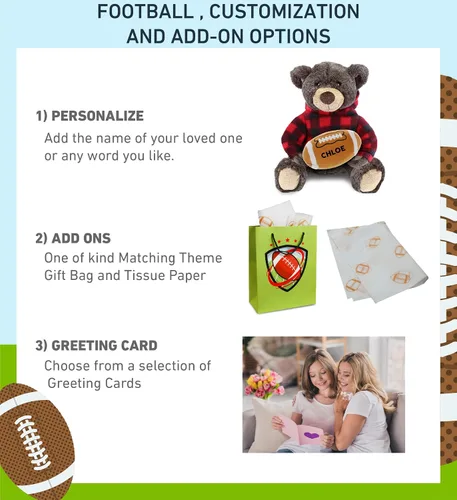 Miniatura 2 de DolliBu Peluche de oso marrón con felpa de fútbol – Oso súper suave para abrazar con capucha a cuadros rojos, juguete de peluche regalo de vida