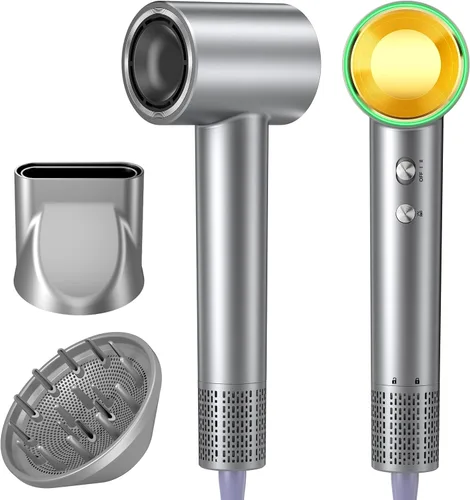 Secador de pelo, motor sin escobillas de 150,000 RPM, secado ultrarrápido con 3 ajustes de calor y luces LED, secador iónico de alta velocidad, bajo