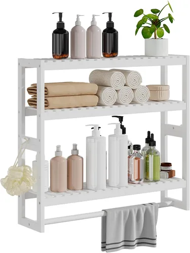 Miniatura 11 de RRX Organizador de almacenamiento de estante de baño, estante de baño, organizador de bambú de 3 niveles ajustable con barra, colgante, estante Negro