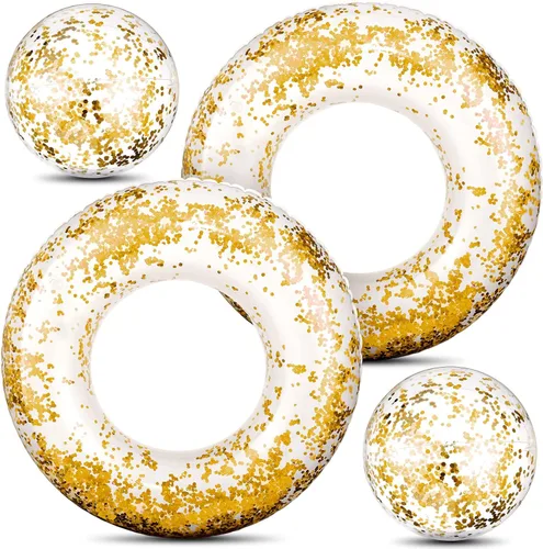 Miniatura 7 de Hungdao 4 unidades de flotador inflable con purpurina para piscina, anillo de natación con confeti y bola de playa con purpurina, pelota de playa