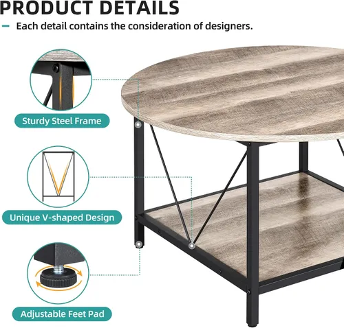 Miniatura 5 de YITAHOME Mesa de centro redonda, mesa de centro de madera para sala de estar, mesa de centro redonda rústica de 2 niveles con patas de metal