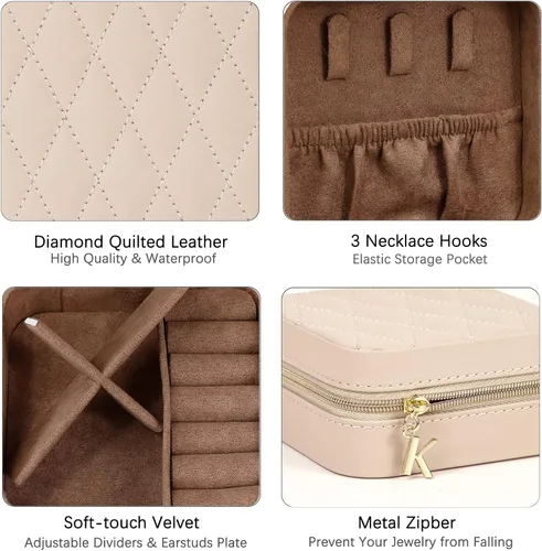 Miniatura 4 de KAMIER Joyeros pequeños para mujer Joyero portátil de viaje Caja organizadora de joyas de piel sintética para aretes, anillos, collares (beige)