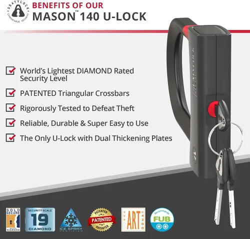 Miniatura 2 de Seatylock Mason Candado de Bicicleta en U - Candado Antirrobo de Alta Resistencia Patentado con Diamante Seguro ULock - Herramienta de Seguridad