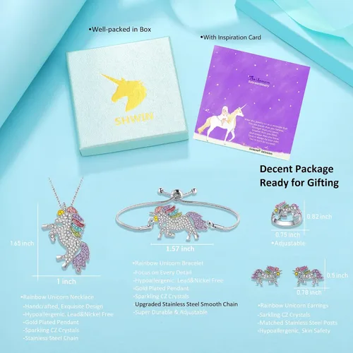 Miniatura 3 de SHWIN Regalos de unicornios para niñas, joyas para niños, paquete de 2 o 4 unidades, collar de unicornio, pulsera, aretes, anillo de joyería, regalo