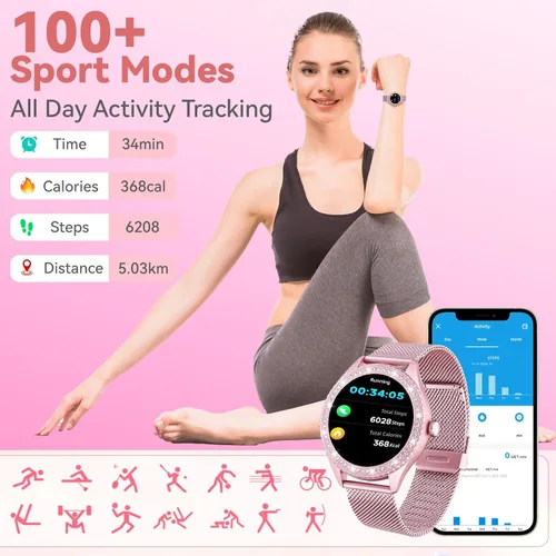 Miniatura 4 de Reloj inteligente para mujer – Hacer/responder llamadas, reloj de fitness impermeable IP67 de 1.32 pulgadas con monitor de sueño de frecuencia