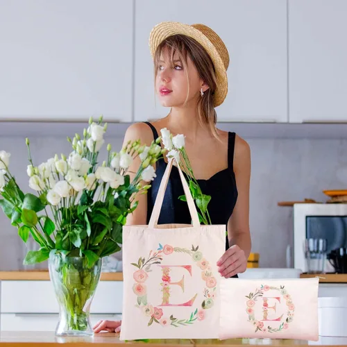 Miniatura 3 de Bolsa de lona personalizada con inicial floral con cremallera, bolsa de monograma, bolsa de cosméticos, regalo para mujeres, dama de honor