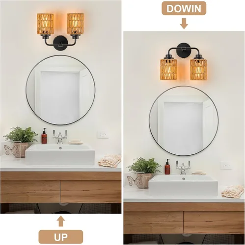Miniatura 5 de Lámparas de baño bohemias, luces rústicas de tocador de 2 luces sobre el espejo, iluminación de ratán de granja con persianas tejidas a mano