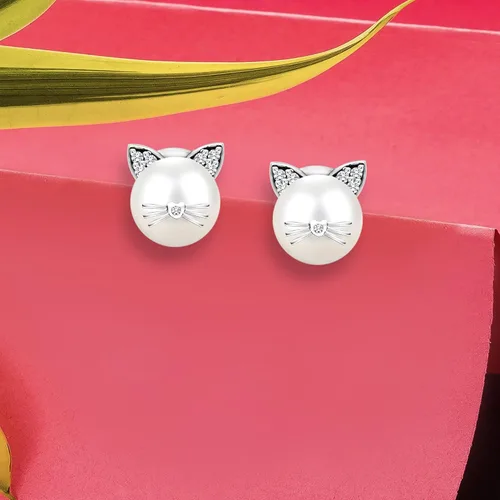 Miniatura 2 de LeCalla Flaunt Collar con colgante de gato de perlas simuladas de plata de ley 925 para mujer
