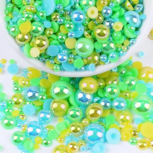 Miniatura 42 de Perlas con parte trasera plana para manualidades, 50g Mezcla Azul Rosa Blanco Medias perlas para manualidades, Tamaño mixto 3/4/5/6/8/10mm Perlas