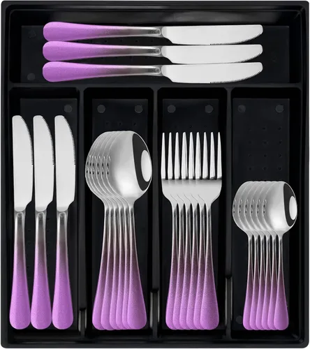 Miniatura 13 de Juego de cubiertos de 24 piezas con organizador, juego de cubiertos de acero inoxidable resistente para 6, juego de cubiertos rosa con mango
