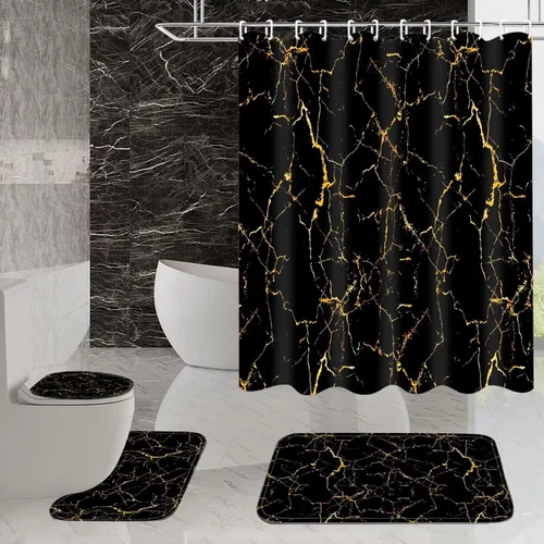 Miniatura 3 de AZHM Juego de 4 cortinas de ducha de mármol negro y dorado con cortina de ducha y alfombras y accesorios, juegos de cortina de baño de lujo con 12