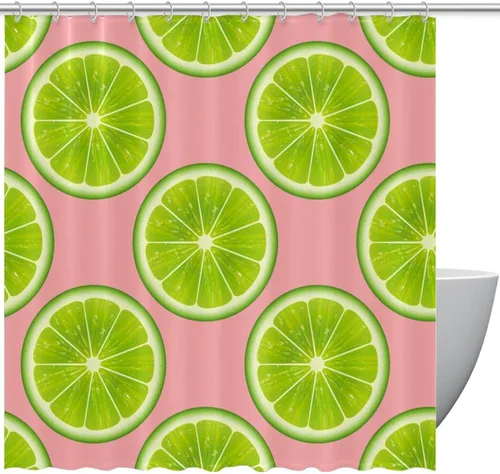 KXO Cortina de ducha con diseño de lima fresca y verde con fondo rosa, impermeable, lavable, juego de cortinas de baño de poliéster con ganchos, 72