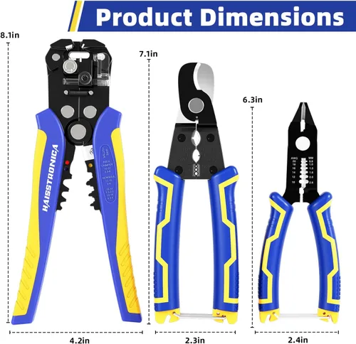 Miniatura 7 de haisstronica Juego de herramientas pelacables para electricista profesional, 10-24AWG, paquete de 3 pelacables autoajustables y cortador de estaño