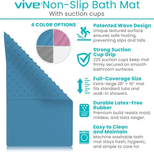 Miniatura 2 de Vive Tapete de baño antideslizante con ventosas, tapete de goma extragrande de 28 x 16 pulgadas para seguridad y comodidad, agarre patentado que