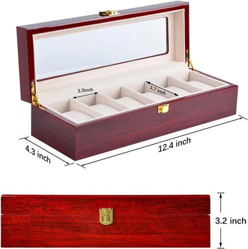 Miniatura 5 de ywduoying Caja de reloj de madera con 6 ranuras anchas para relojes de madera organizador de almacenamiento caja de reloj vintage roja para hombre