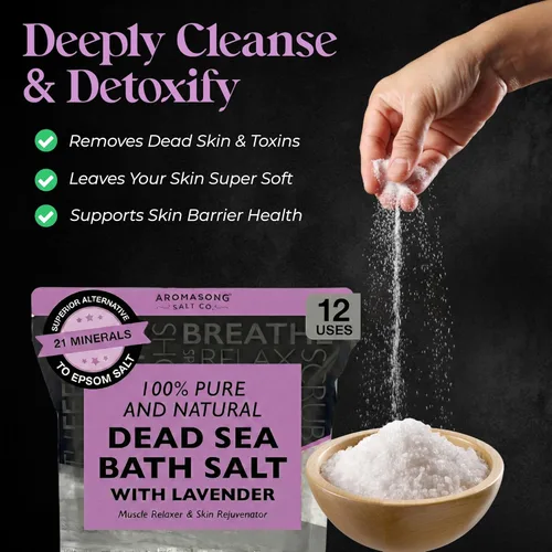 Miniatura 2 de Aromasong Sal pura del mar muerto para remojar con lavanda 100% natural, 5 libras, sal de baño de spa de grano fino, exfoliante de lavado corporal