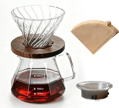 BeeCa Manual pour over coffee maker, 20Oz+50 Filters, 1-4 Cup | Non-slip walnut grip, No plastic taste, Space-saving design, Dishwasher safe,